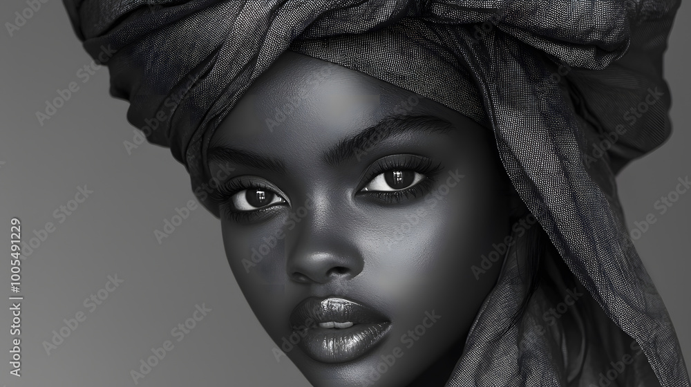 A striking portrait of an elegant woman with beautiful features, adorned in a rich, textured headwrap, exuding confidence and grace. A striking portrait of an elegant woman with beautiful features, adorned in a rich, textured headwrap, exuding confidence and grace.