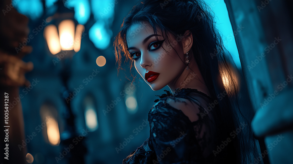 Glamorous Halloween Vampire Woman with Elegant Attire and Fiery Red Lipstick Posing Against a Haunted Castle at Night Glamorous Halloween Vampire Woman with Elegant Attire and Fiery Red Lipstick Posing Against a Haunted Castle at Night