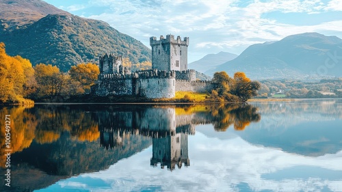 Scenic view of a majestic castle reflecting in a tranquil lake surrounded by vibrant autumn foliage and mountains.