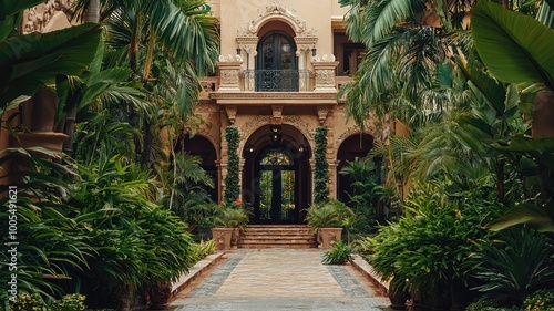 Serene entrance of a tropical villa surrounded by lush greenery, featuring ornate architecture and a tranquil pathway.