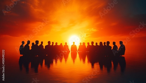 Silhouettes of people sitting in a circle facing the setting sun, reflecting in water.