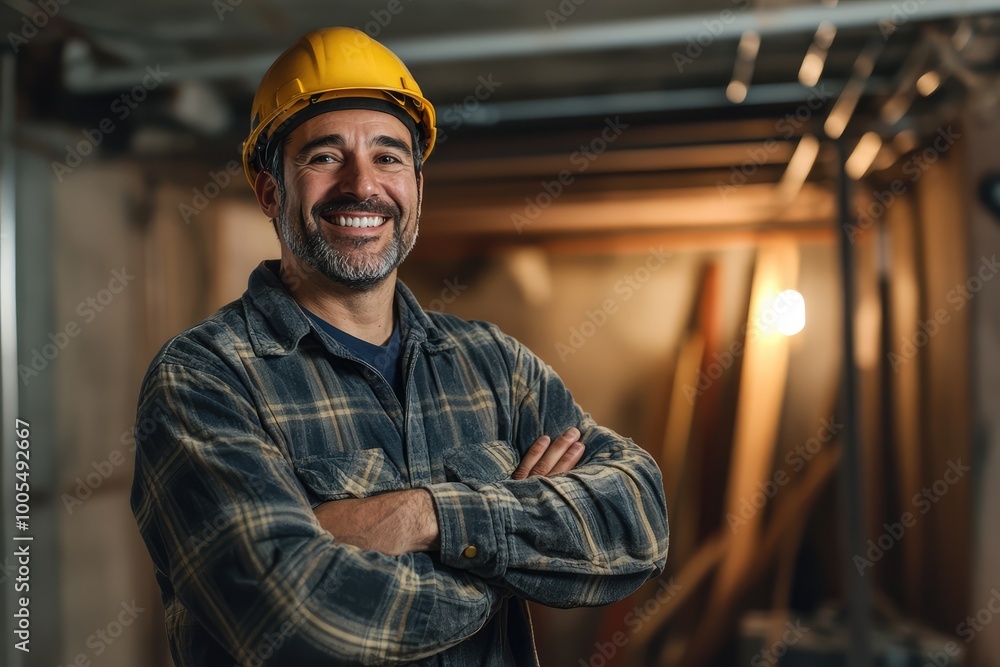 Smiling construction worker in hard hat, ready for project. Positive atmosphere in modern building site setting. Smiling construction worker in hard hat, ready for project. Positive atmosphere in modern building site setting.