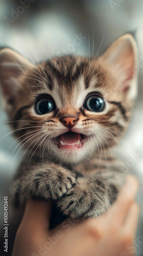 Adorable cat with high-definition features, smiling in one hand AI generative.. photo