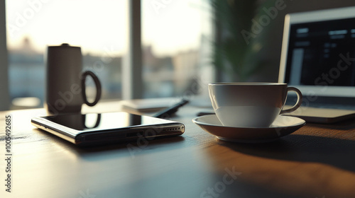 Flatlay of telephone and coffee cup on clean tabletop AI generative.. photo