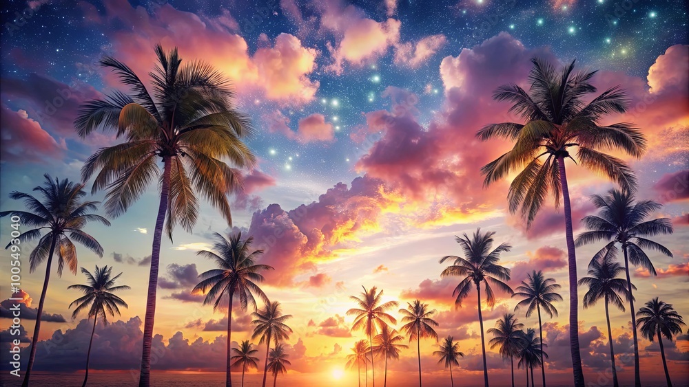 Silhouettes of Palm Trees Stand Tall Against a Vivid Sunset Sky, Illuminated by the Glow of Distant Stars Silhouettes of Palm Trees Stand Tall Against a Vivid Sunset Sky, Illuminated by the Glow of Distant Stars