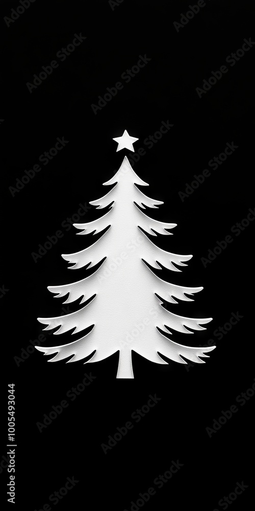 A white Christmas tree with a star on top. The tree is cut out and placed on a black background A white Christmas tree with a star on top. The tree is cut out and placed on a black background