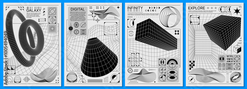 Brutalism posters with y2k shapes and 3d retro figures. Vector vertical cards present black and white geometric shapes that combines retro-modern digital art, abstract elements and vintage aesthetic