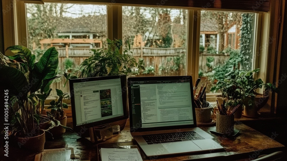 A tidy home office desk setup with a desktop monitor, documents, and an ergonomic chair by the window A tidy home office desk setup with a desktop monitor, documents, and an ergonomic chair by the window