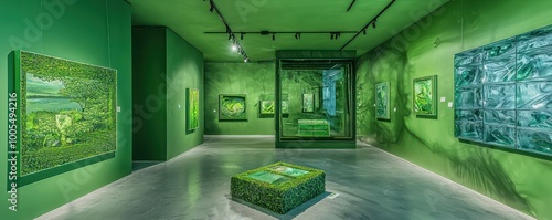 A green-themed art gallery that exhibits works made from recycled or sustainable materials, with energy-efficient lighting and eco-friendly paint photo