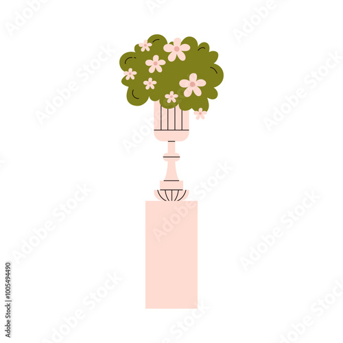 Vector illustration of a Greek column with a pot and flowers on an isolated background.