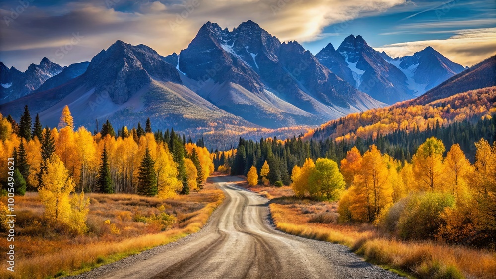 A winding dirt road through golden autumn foliage, leading towards majestic mountain peaks bathed in the glow of the setting sun. A winding dirt road through golden autumn foliage, leading towards majestic mountain peaks bathed in the glow of the setting sun.