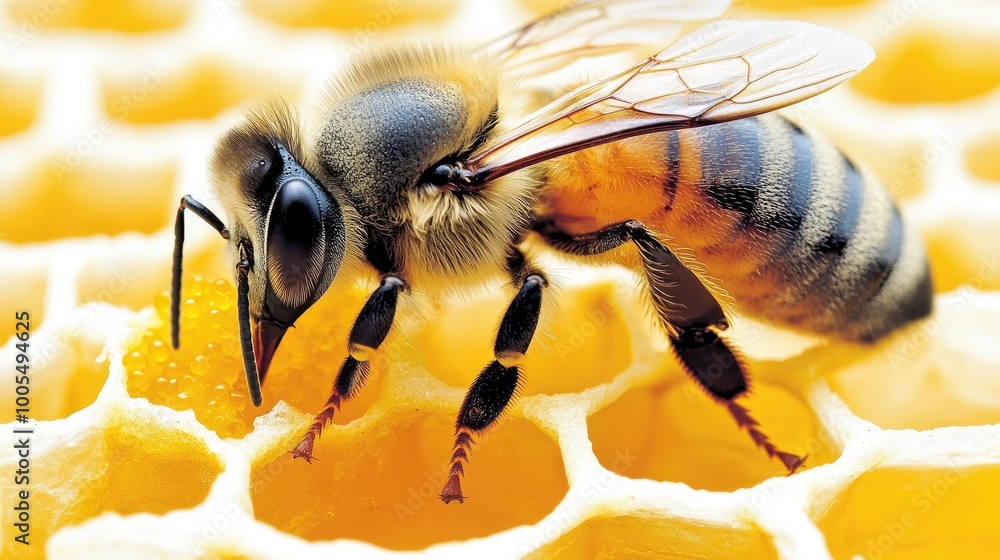 Bee collecting pollen from a flower in a meadow, close-up, with golden honey in the background Bee collecting pollen from a flower in a meadow, close-up, with golden honey in the background