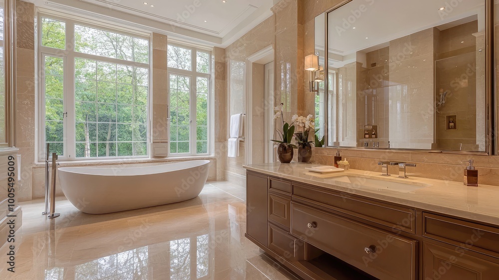 Stylish bathroom featuring modern tub, elegant vanity, and large windows for natural light, creating a serene and luxurious atmosphere. Stylish bathroom featuring modern tub, elegant vanity, and large windows for natural light, creating a serene and luxurious atmosphere.