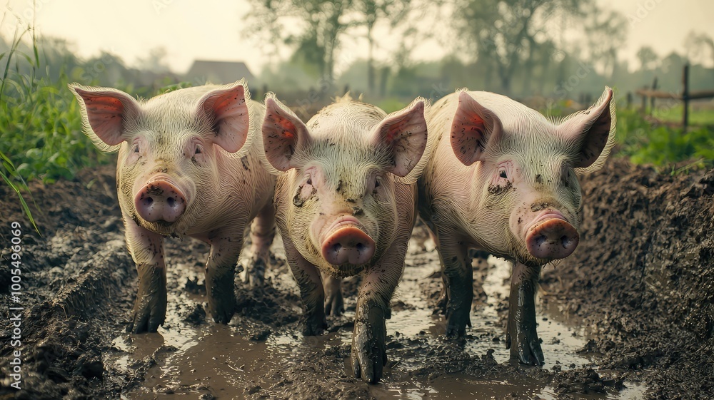 Three pigs playfully walk through a muddy farm field, showcasing their curious nature in a rustic rural setting. Three pigs playfully walk through a muddy farm field, showcasing their curious nature in a rustic rural setting.
