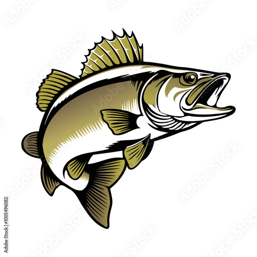 A stylized walleye illustration leaps out of the water with its mouth open wide, showcasing its distinctive dorsal fin and golden-brown coloration against a white background