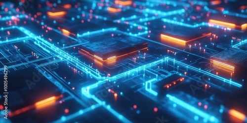 a computer circuit with glowing blue and orange lights photo