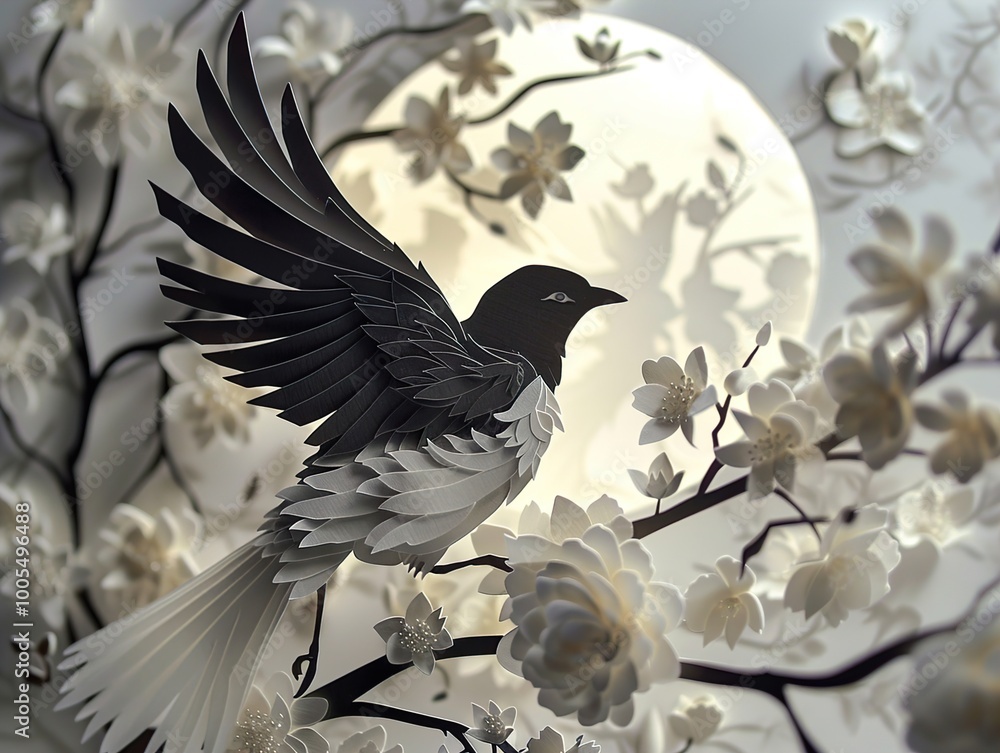 Fototapeta premium Paper Bird in a Floral Setting