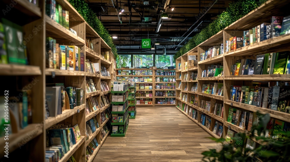 A green-themed bookstore with shelves made from recycled wood, energy-efficient lighting, and a wide range of eco-literature A green-themed bookstore with shelves made from recycled wood, energy-efficient lighting, and a wide range of eco-literature