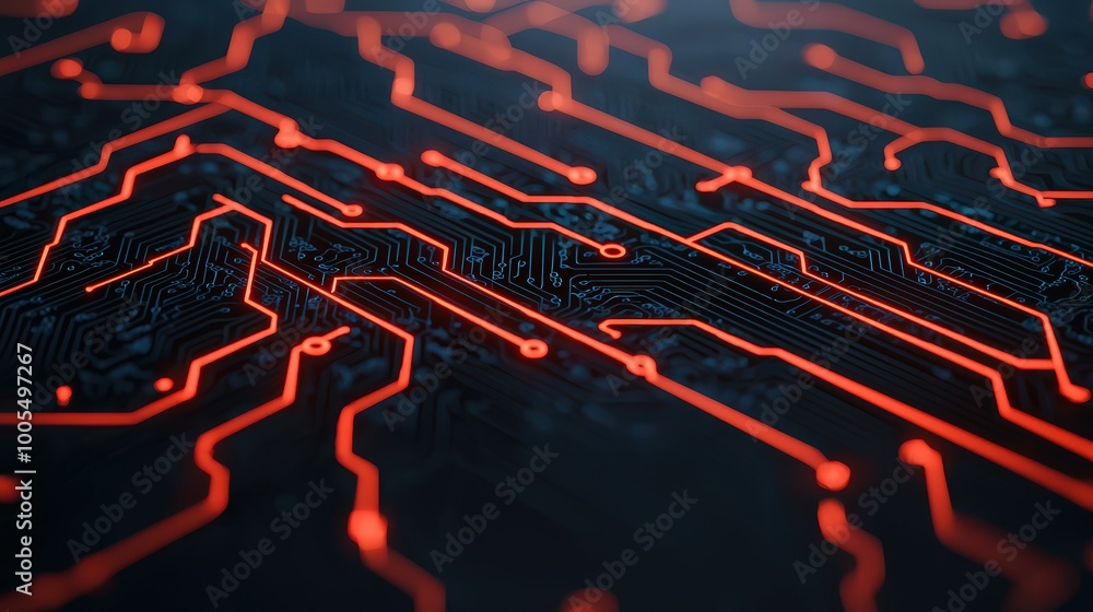 Close-up of an illuminated circuit board in red, showcasing intricate electronic pathways for technology and innovation concepts. Close-up of an illuminated circuit board in red, showcasing intricate electronic pathways for technology and innovation concepts.