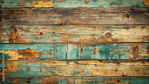 Weathered Wooden Plank Background with Peeling Teal Paint