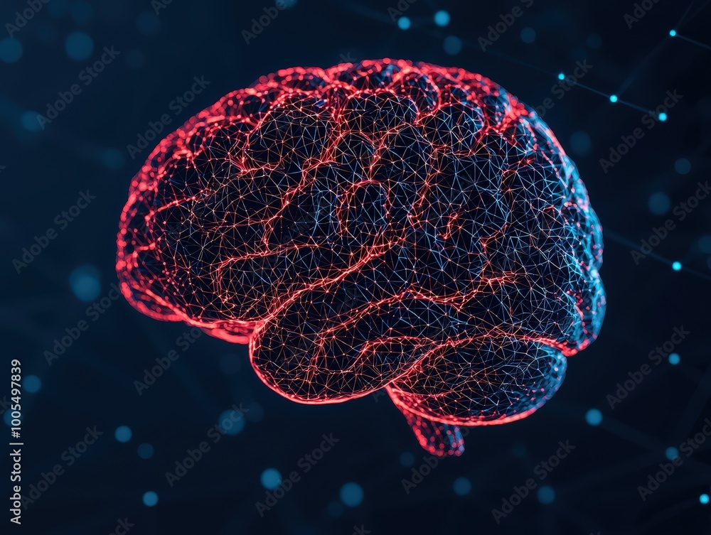 Digital illustration of a human brain with neural network on dark background, representing artificial intelligence and innovation. Digital illustration of a human brain with neural network on dark background, representing artificial intelligence and innovation.