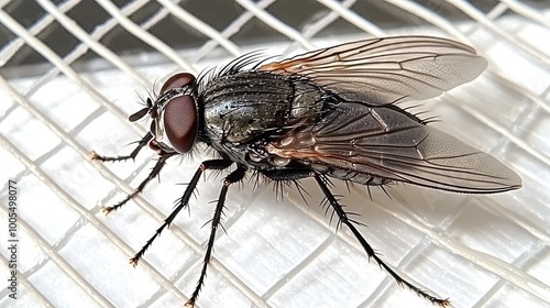 Close-up of a fly perched on a window screen, with intricate detail on its body and wings photo