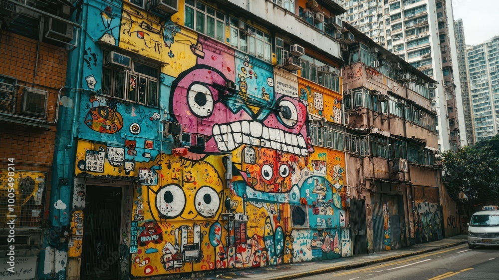 Obraz premium Vibrant street art mural showcasing colorful characters and playful designs on an urban building in a lively cityscape.