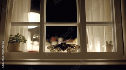 Close-up of a moth resting on a windowpane at night, illuminated by indoor lights - photo