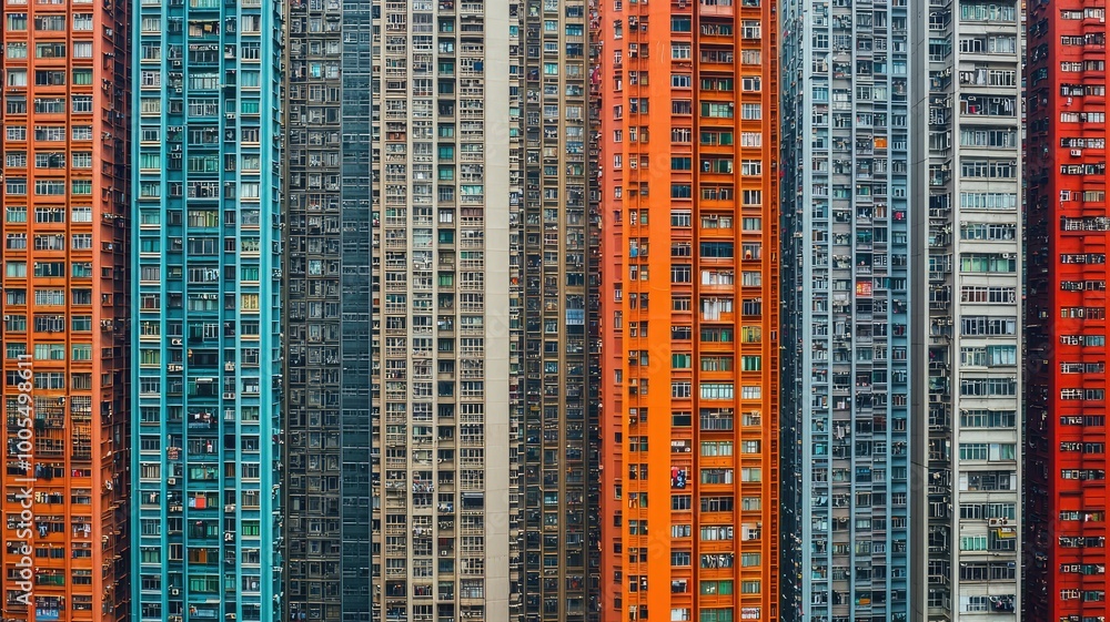 Obraz premium Vibrant urban landscape showcasing densely packed residential buildings in varied colors and architectural styles.