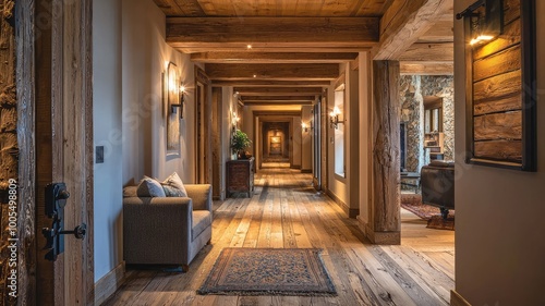 A cozy hallway featuring wooden beams, warm lighting, and a rustic charm, perfect for interior design inspiration.