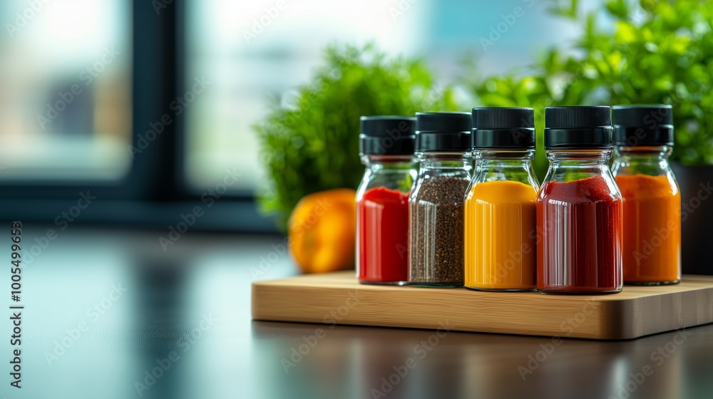 An inviting kitchen table set with an array of condiments and spice bottles, neatly organized and glistening in natural light, ready for culinary creations. An inviting kitchen table set with an array of condiments and spice bottles, neatly organized and glistening in natural light, ready for culinary creations.