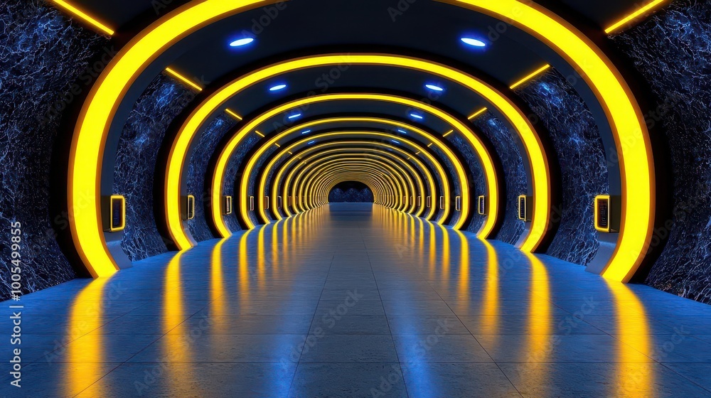 Obraz premium A futuristic hallway glowing in yellow lights, creating a symmetrical tunnel effect