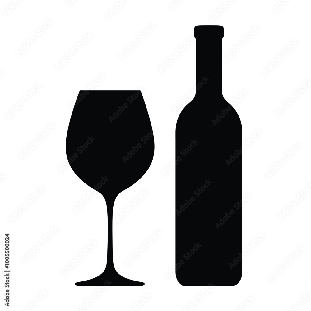 Glass and bottle of wine, black on white background Glass and bottle of wine, black on white background