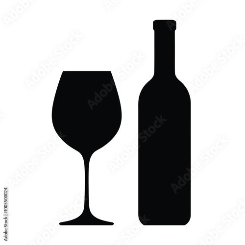 Glass and bottle of wine, black on white background 