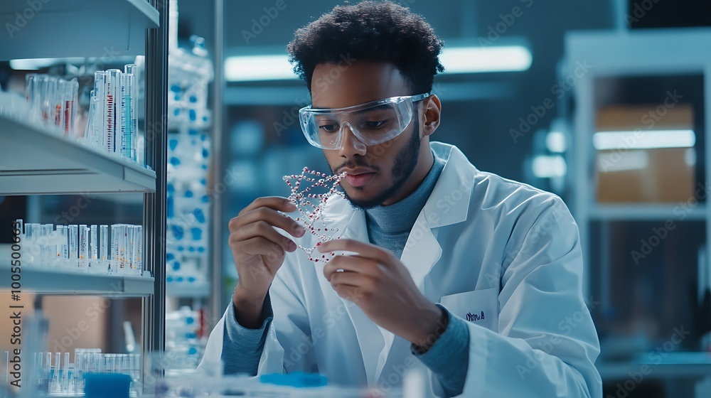 researcher in a lab coat holding a DNA model, surrounded by charts and diagrams of genetic structures, with a focused expression in a bright laboratory setting researcher in a lab coat holding a DNA model, surrounded by charts and diagrams of genetic structures, with a focused expression in a bright laboratory setting