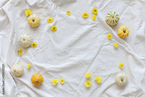 White Autumn Harvest Background. White flat lay with copy space photo