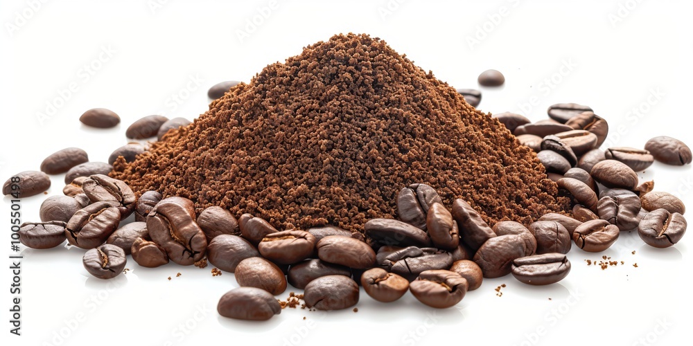 Heap of coffee ground and coffee beans isolated on white background Heap of coffee ground and coffee beans isolated on white background