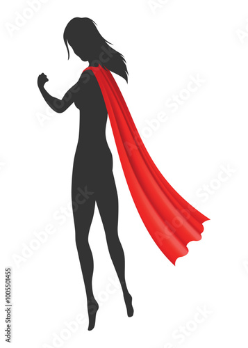 Woman superhero silhouette with scarlet fabric silk cloak. Mantle costume or cover cartoon vector illustration