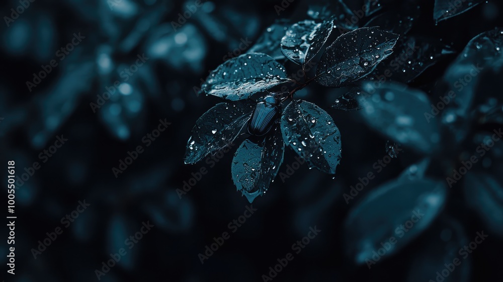 Detailed view of a beetle perched on a wet leaf after a summer rain shower Detailed view of a beetle perched on a wet leaf after a summer rain shower