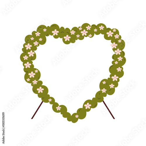 Heart-shaped wedding arch with flowers and greenery.