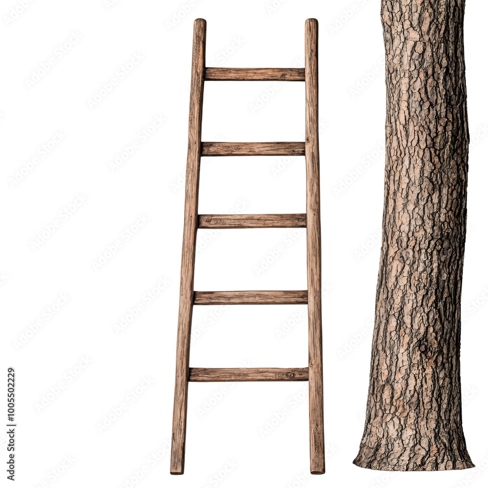 Wooden ladder leaning against a tree, isolated on a white background. Wooden ladder leaning against a tree, isolated on a white background.