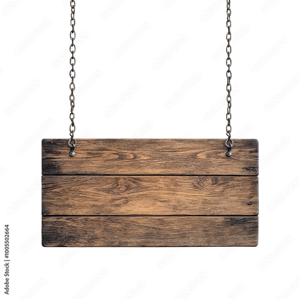 Wooden sign hanging on chains, isolated on a white background. Wooden sign hanging on chains, isolated on a white background.