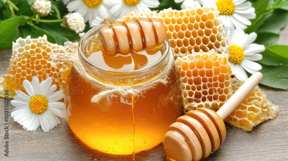 Fresh honey dripping from a wooden dipper into a glass jar, surrounded by honeycombs and flowers Fresh honey dripping from a wooden dipper into a glass jar, surrounded by honeycombs and flowers
