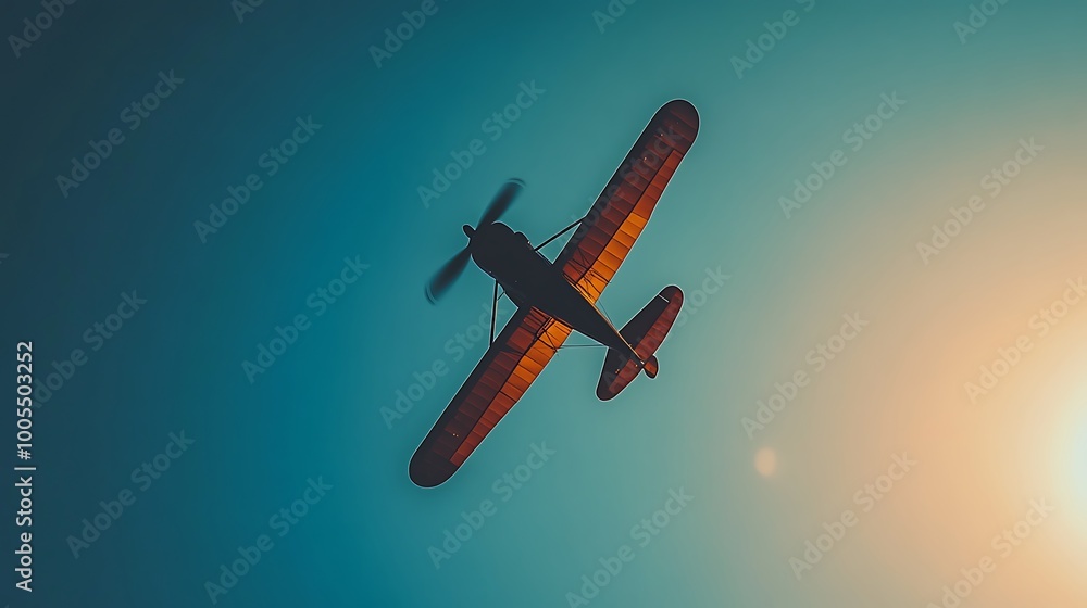 Fototapeta premium vintage aircraft soaring through a clear blue sky, with the sun setting in the background, evoking a sense of adventure and exploration in air transport