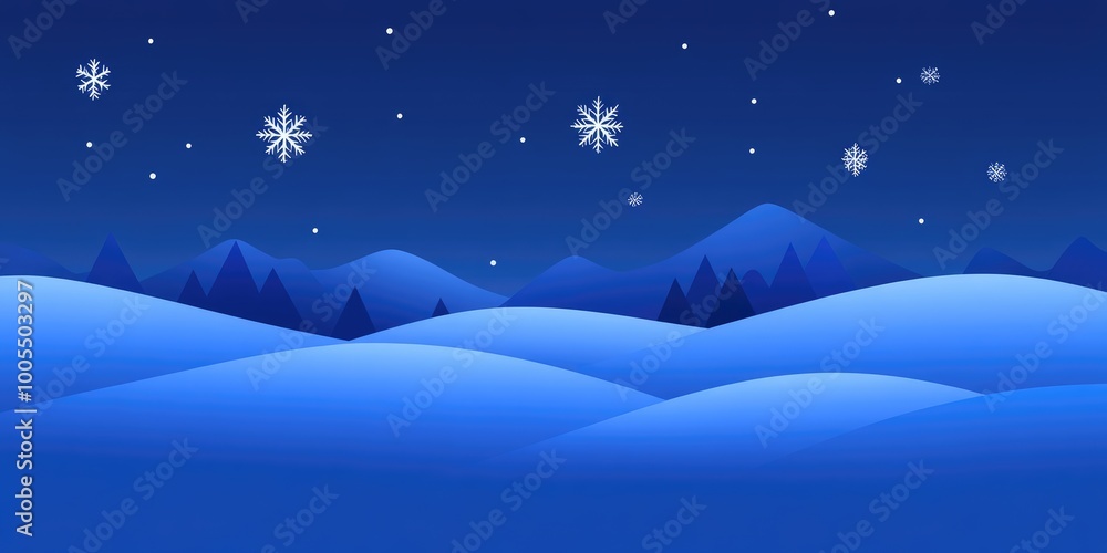 Naklejka premium A tranquil winter night with softly glowing snowflakes gently falling over serene mountains and rolling hills beneath a starry sky, inviting peaceful contemplation and winter wonder