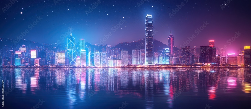 A night view of a city skyline with skyscrapers illuminated by colorful lights, reflected in the water. A night view of a city skyline with skyscrapers illuminated by colorful lights, reflected in the water.