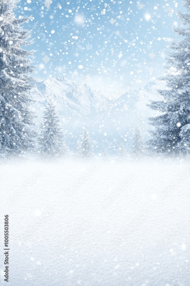 Fototapeta premium A serene winter wonderland filled with gentle snowfall, frosty pine trees, and majestic mountains creating a peaceful atmosphere in the heart of winter
