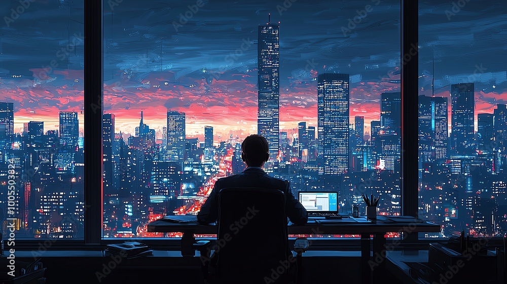 Fototapeta premium Hacker sitting at a desk with a city skyline at night in the background, reflecting in the window