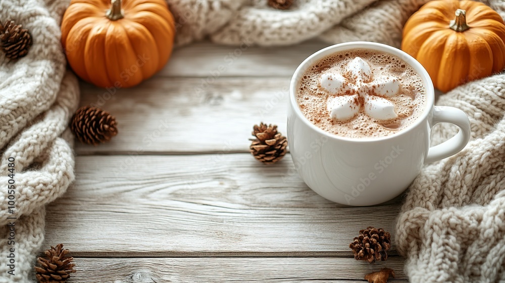 Cozy Autumn Scene with Hot Chocolate, Pumpkins, and Knit Blanket Cozy Autumn Scene with Hot Chocolate, Pumpkins, and Knit Blanket