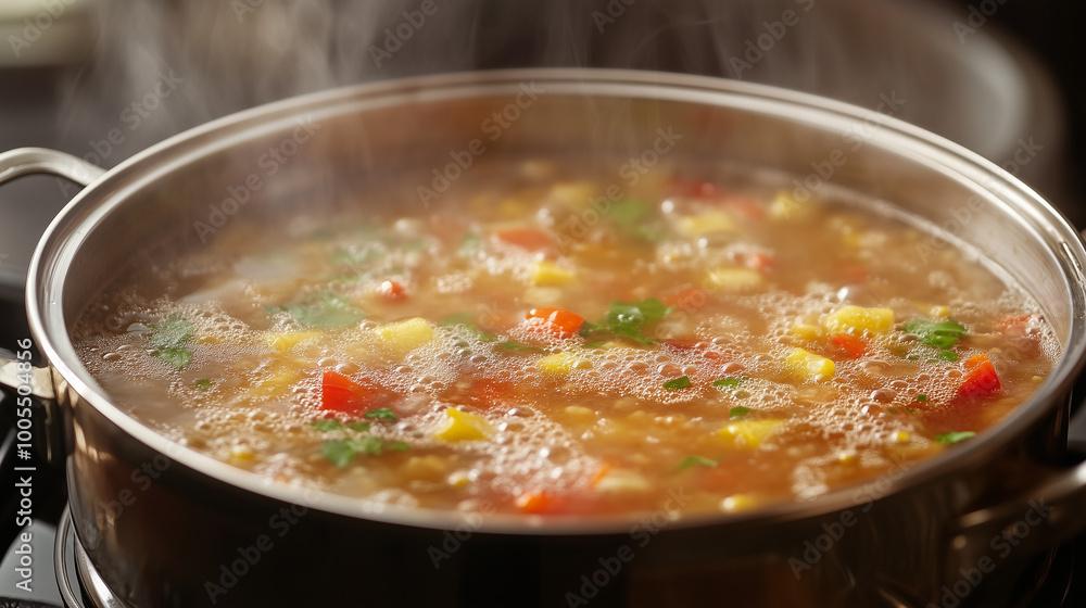 A pot of boiling vegetable soup with visible pieces of potatoes, carrots, and greens, creating an appetizing aroma A pot of boiling vegetable soup with visible pieces of potatoes, carrots, and greens, creating an appetizing aroma